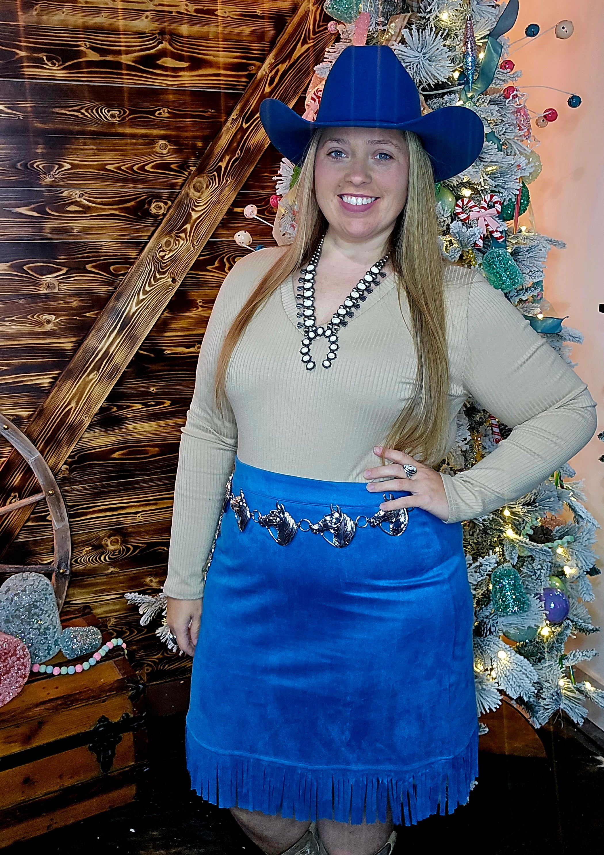 Blue Suede Fringe Skirt